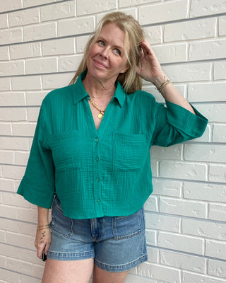 green gauze button up crop top
