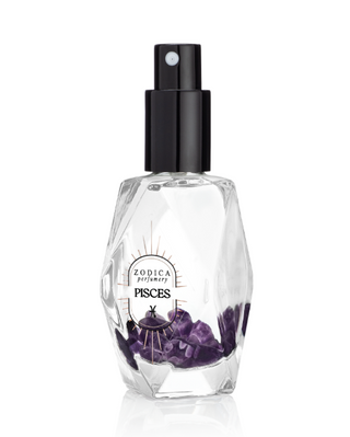 Zodiac-themed perfume bottle with amethyst stones on a white background