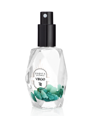 Perfume bottle labeled 'Zodica Perfumery Virgo' with decorative elements on a white background