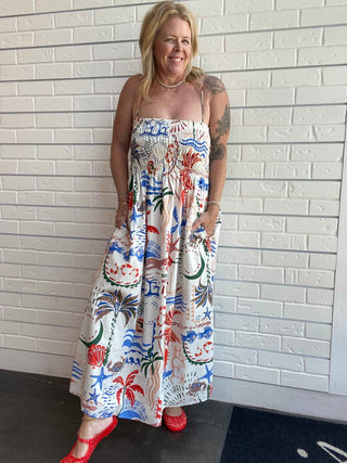 Coastal Print Smocked Maxi Dress