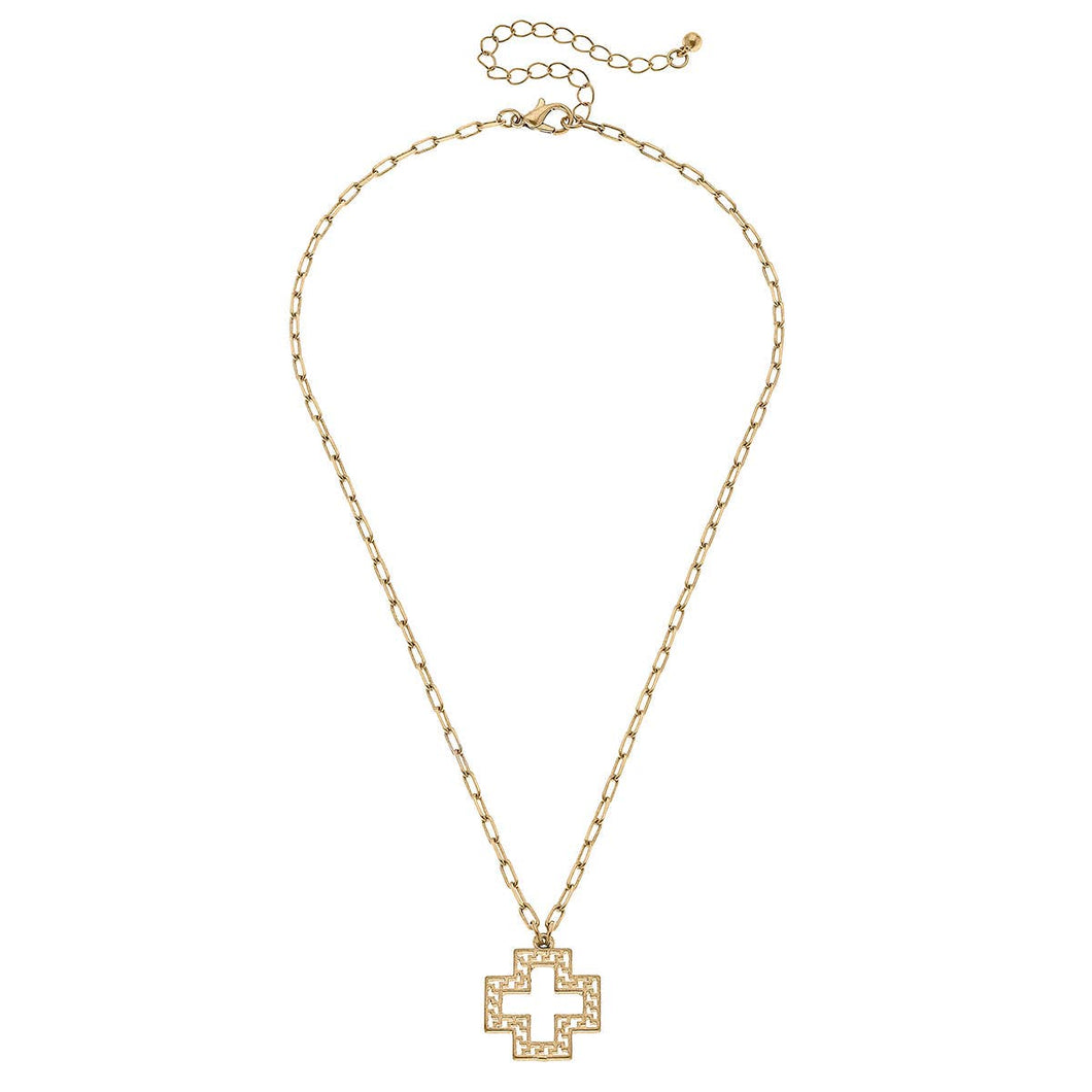 Cameryn Greek Keys Cross Necklace in Worn Gold