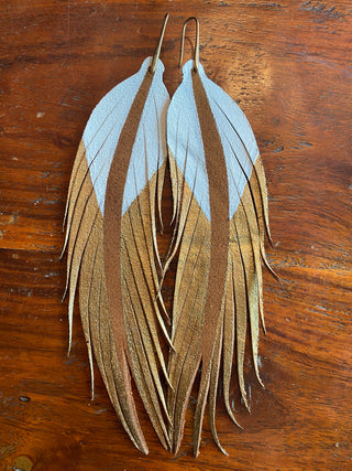 Long Feather Earrings in White and Gold