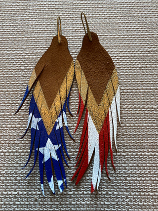 Short Gold Stars and Stripes Feather Earrings