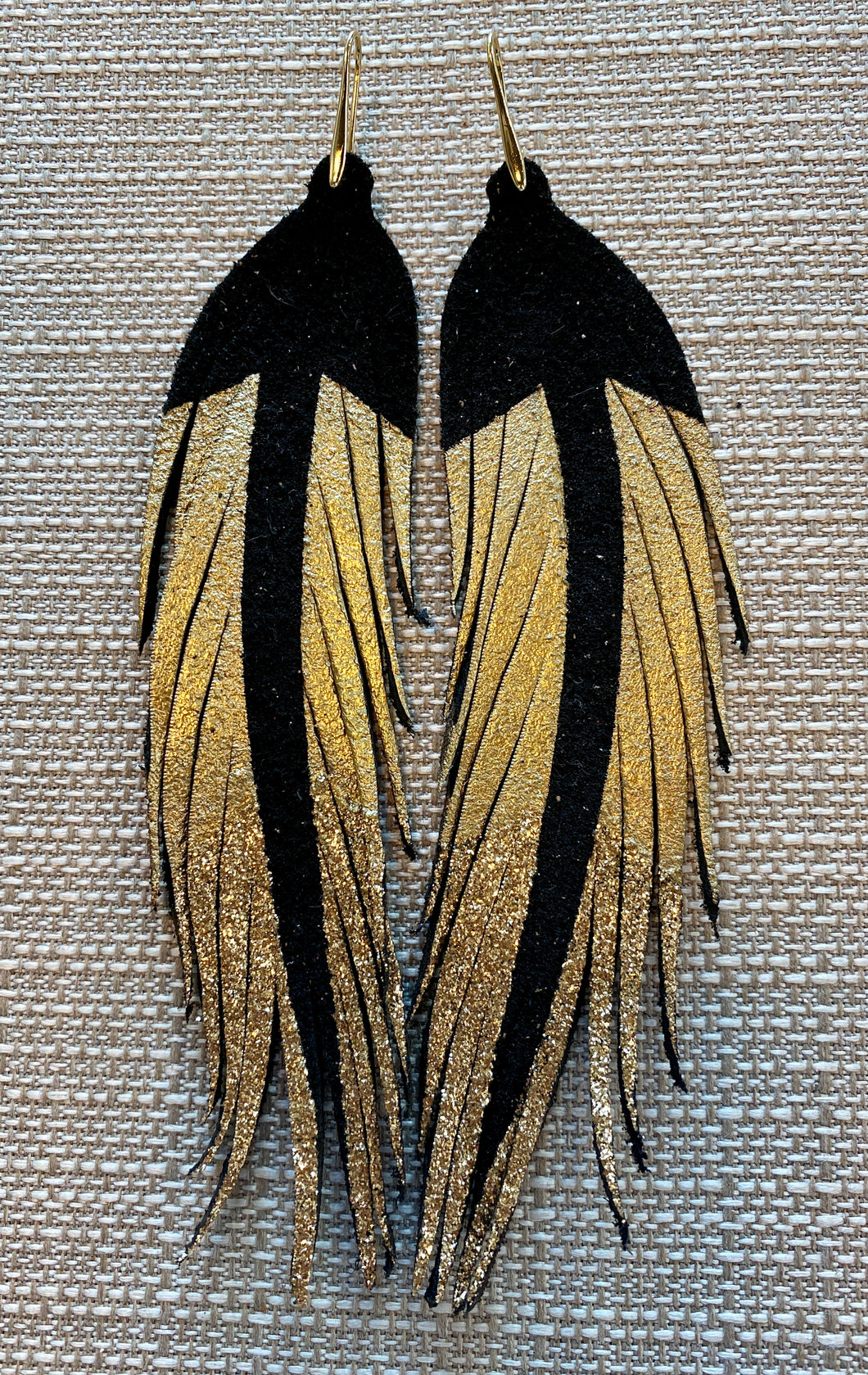 Long Gold Glitter Leather Earrings