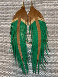 Long Gold and Green Feather Earrings