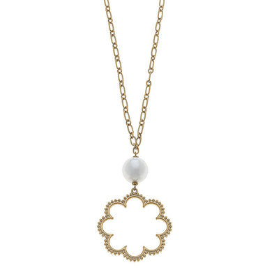 Belle Studded Flower & Pearl Necklace in Worn Gold