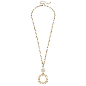 Emery Greek Keys Pendant & Pearl Necklace in Worn Gold