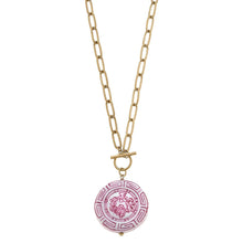 Load image into Gallery viewer, Ophelia Pink Chinoiserie Pendant T-Bar Necklace in Pink &amp; White